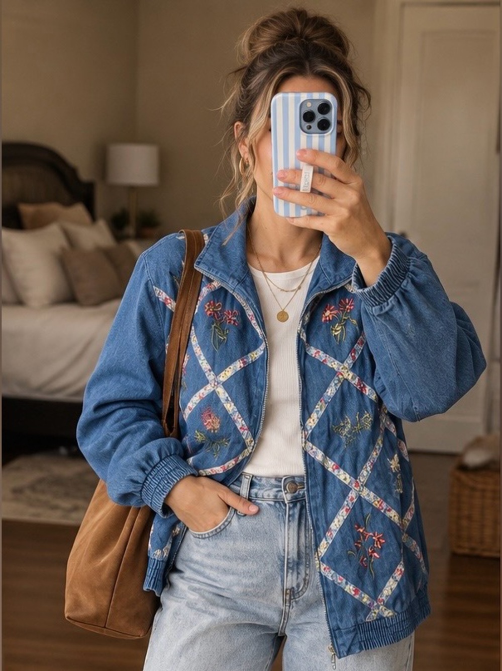 Koret Blue Denim Jacket with Floral Lattice Embroidery